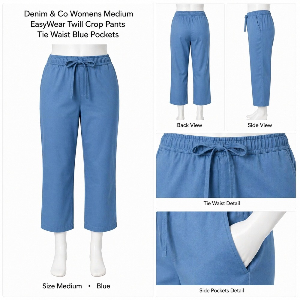 Denim &‎ Co Womens Medium EasyWear Twill Crop Pants Tie Waist Blue A593855